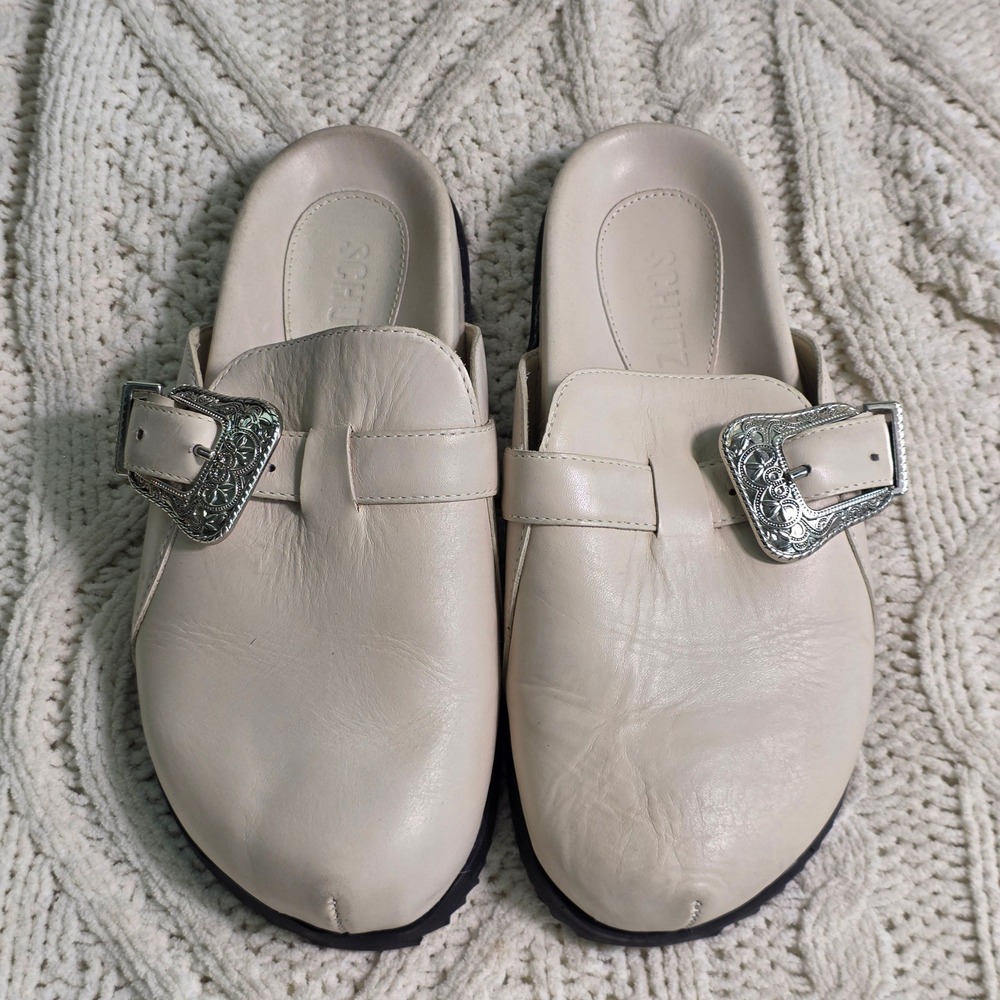 Schutz Grace Western Buckle Mules Clogs Ivory Cream Leather Womens 6B
